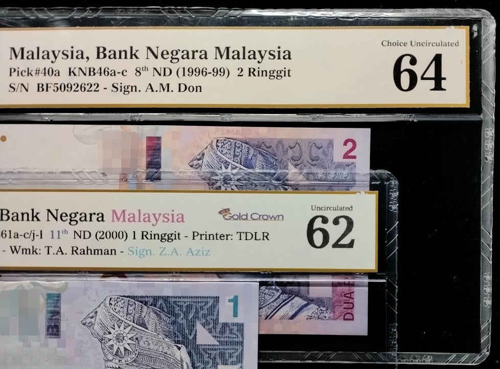 2pcs Lot: Malaysia. 11th Series 2000 / 8th Series 1996-99 | 1 Ringgit / 2 Ringgit | MDC 62 / 64 | Serial : FF0362815. Double Prefix #FF' & BF5092622 | P#36b. P#40a.