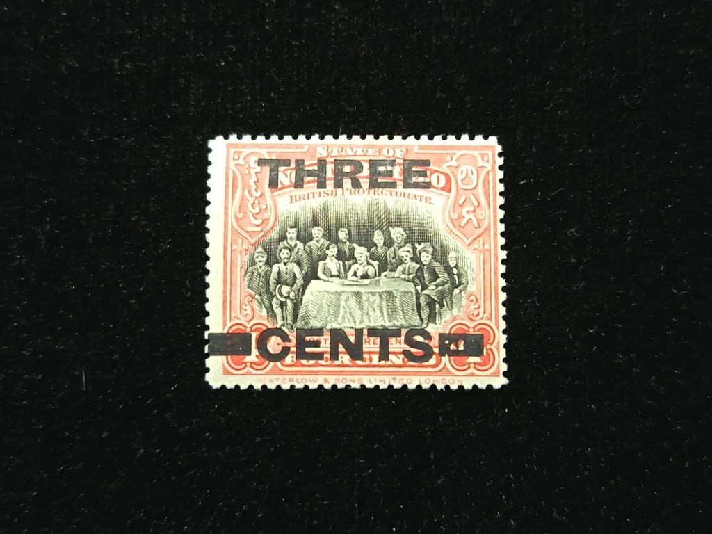 North Borneo，1923，4 Cents，Stamp Overprint ( Three Cents ) 1pc，AU - UNC，1 Qty 