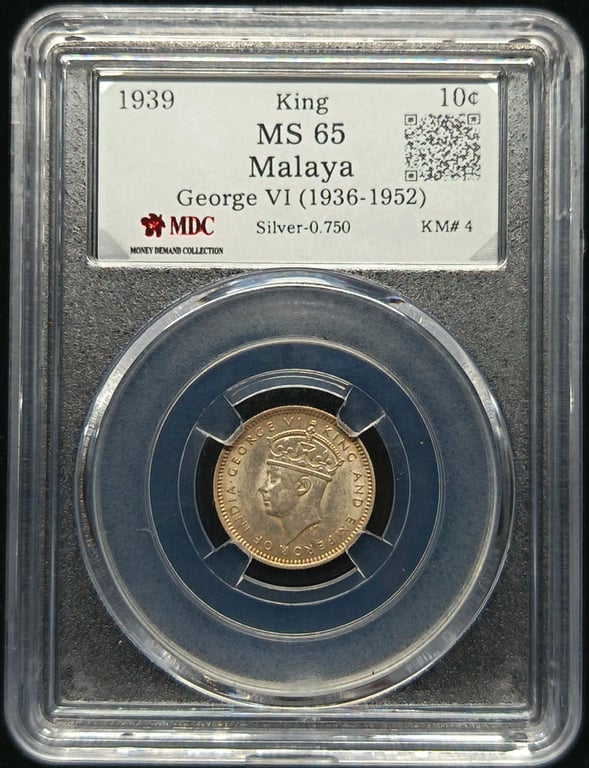 KM#4, Malaya，1939，10 Cents，Silver 0.750 - 2.71g，MS65