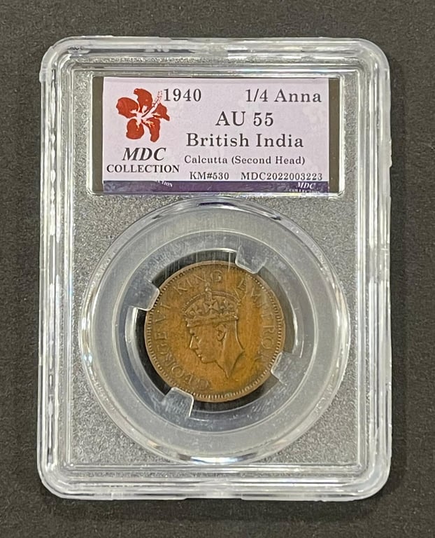 British India, 1940, 1/4 Anna, Coin, MDC 2022003223, MDC AU 55, Qty-1