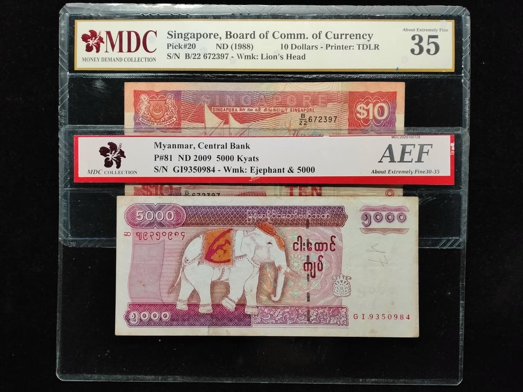 2pcs Mixed Lot: Myanmar / Singapore 2009 / 1988 | 5000 Kyats & 10 Dollars | MDC AEF / 35 | Serial: GI9350984 & B/22 672397 | P#81 & P#20