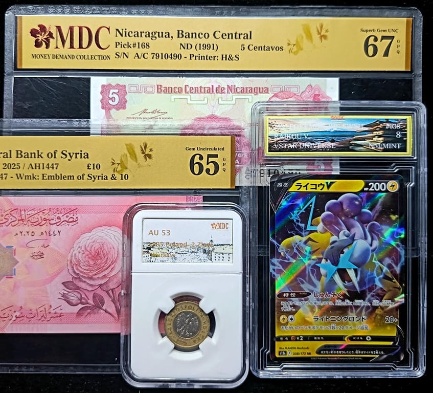 4pcs Mixed Lot: Pokemon / Poland / Syria / Nicaragua. 2022 / 2 Zlote / 2025 / 1991 | Raikou V / 1995 / 10 Poudns / 5 Centavos | MDC 8 NM Mint / AU 53 / 65 GPQ / 67 GPQ | Serial : 038/172 RR & A/04 7089747 & A/C 7910490 | P#119a. P#168.