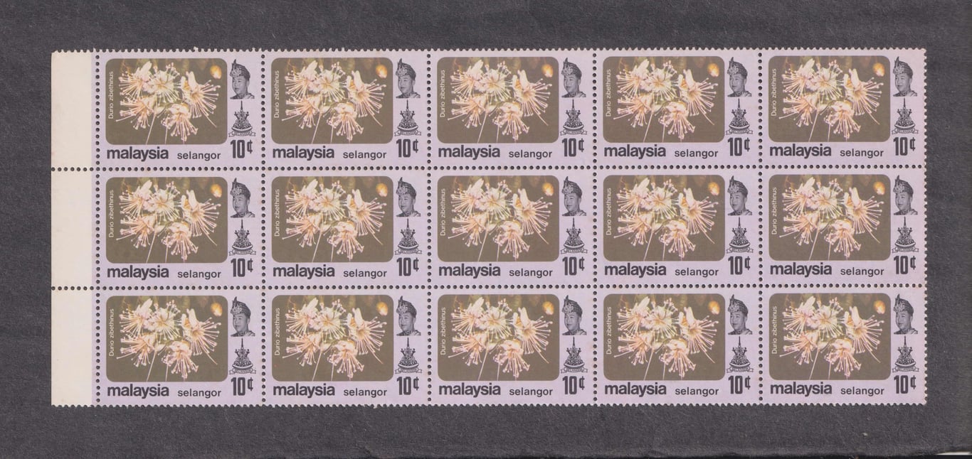 Malaysia, Stamp, Stamp, MNH, Selangor, Flower Series, Block of 15, 10cents, Sold as is