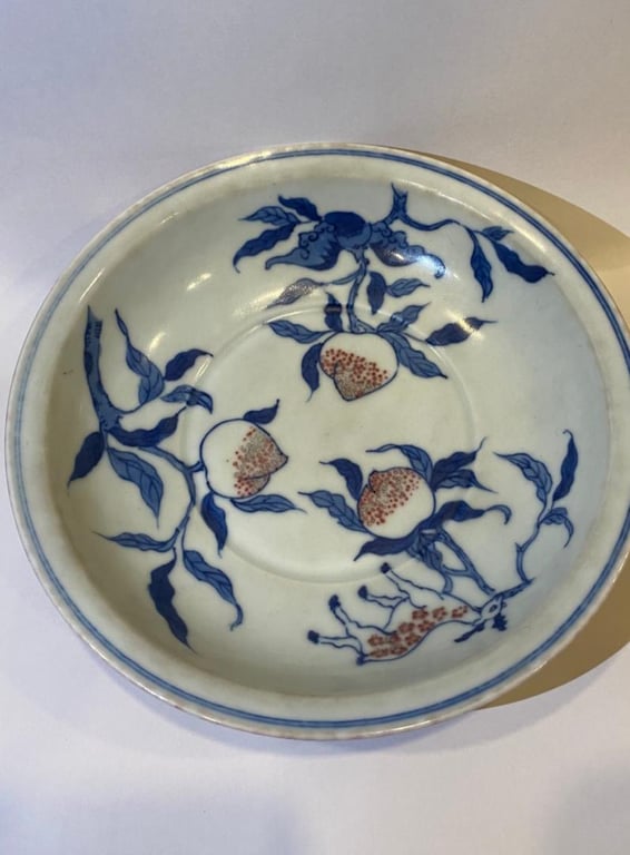 Blue and White Underglaze Red Peach Dear Plate
