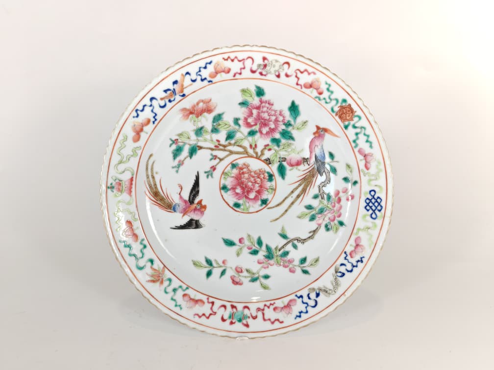 Republic White Ground Double-Pheasant Four Seasons Flowers Buddhist Emblems Plate 民国 白地双雉鸡四季花卉八宝盘, Qty - 1