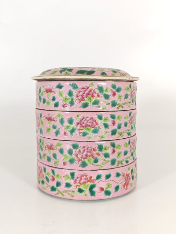 ⭐ Late Qing Dynasty Rare Pink Ground Peony Four-Layer Tiffin晚清 稀有粉红地牡丹四层饭盒, Qty - 1