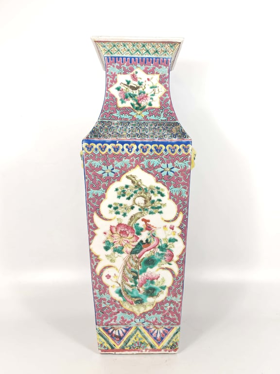 ⭐ Late Qing Dynasty Extremely Rare Famille Rose Purple Ground Scrolls Unusual Panel Shape Antique Treasures Phoenix Peony Magpie Decorative Vase晚清 极度稀有紫地缠枝非凡框形博古图凤凰牡丹喜鹊四方大赏瓶