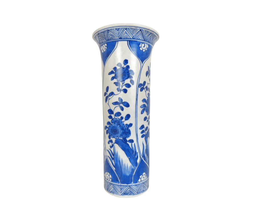 清康熙 青花花卉山石筒瓶 Qing Dynasty Kangxi Blue and White Flower Mountain Stone Vase, Qty-1