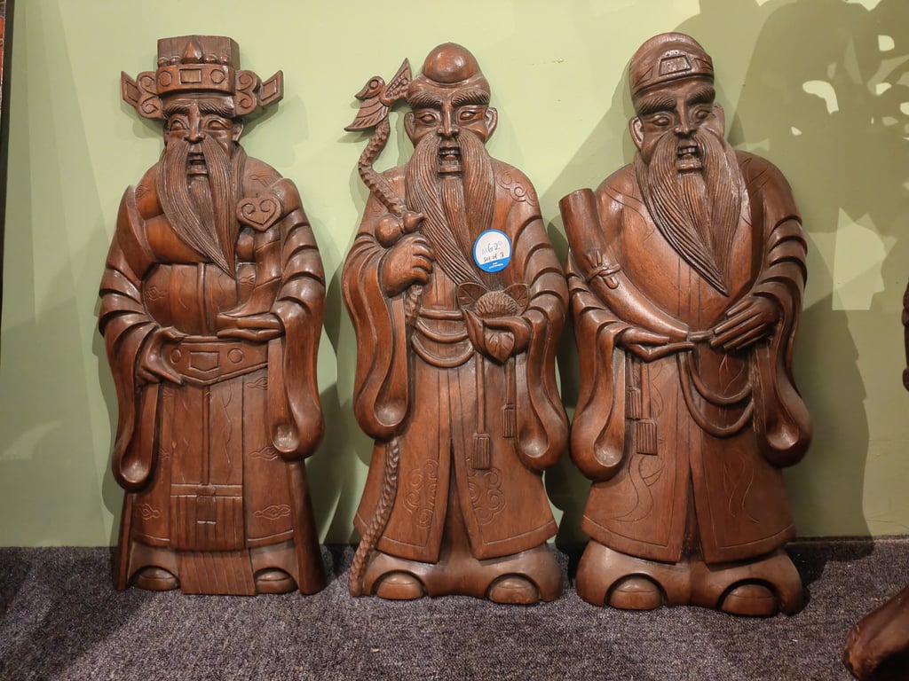 Chinese Wood Carvings Depicting the Fu Lu Shou Figurines, Qty-3
