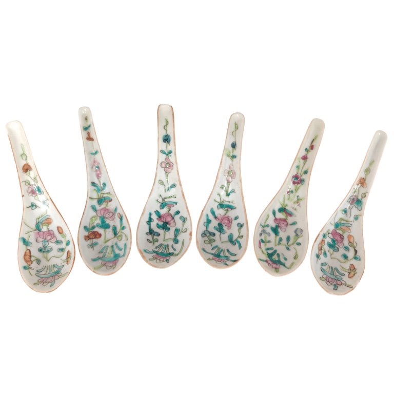 Late Qing Dynasty White Ground Four Seasons Flowers Cricket Spoons 晚清 白地四季花卉蟋蟀勺子, Qty - 6