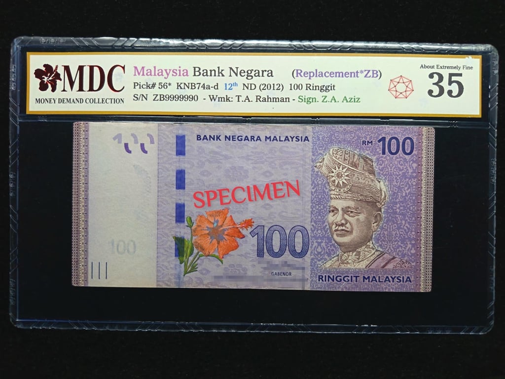 P#56*, Malaysia，12th Series 2012，100 Ringgit，ZB9999990, Replacement #ZB, Almost Solid #9's，MDC 35