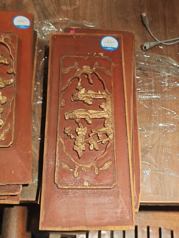 Vintage Wooden Panel featuring Carved and Gilt-Accented Motifs, Qty-5