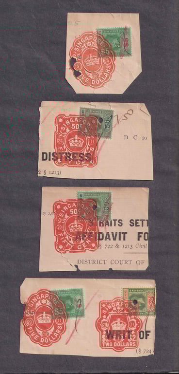 Straits Settlement, Stamp, Revenue, Used, Distress, $5, $50c, Sold as is