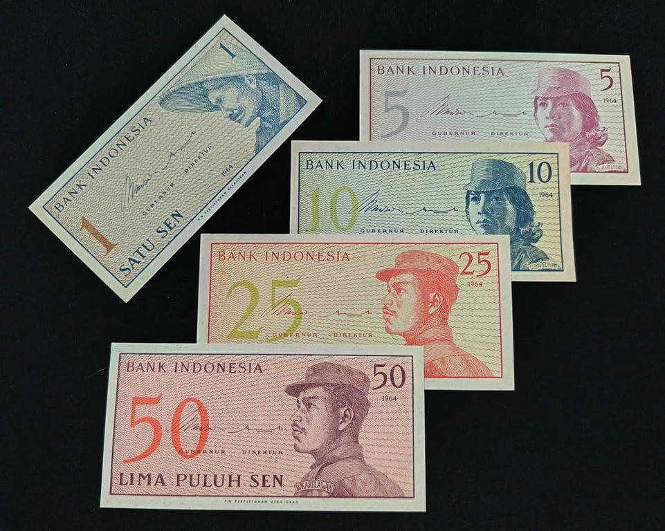 Indonesia，1964，1,5,10,25,50 Sen，AKZ 031370 ,ASY 045270 ,BYJ004670 ,CTZ 048670 ,EYK 004170，UNC，1 Qty 