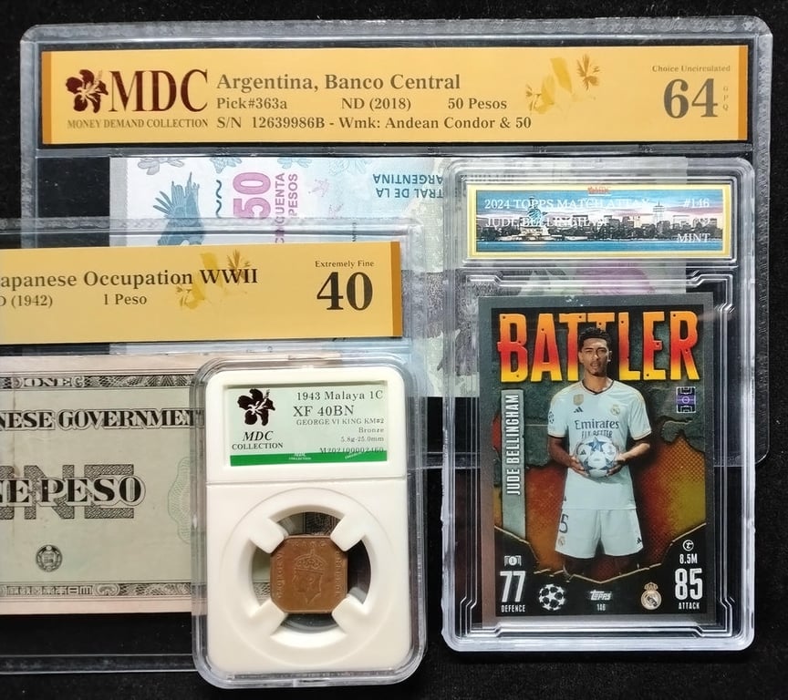 4pcs Mixed Lot: Match Attax / Malaya / Philippines / Argentina. 2024 / 1943 / 1942 / 2018 | Jude Bellingham / 1 Cent / 1 Peso / 50 Pesos | MDC 9 Mint / XF 40 BN / 40 / 64 GPQ | Serial : 146 & Block PH & 12639986B | KM#2. P#106. P#363a.