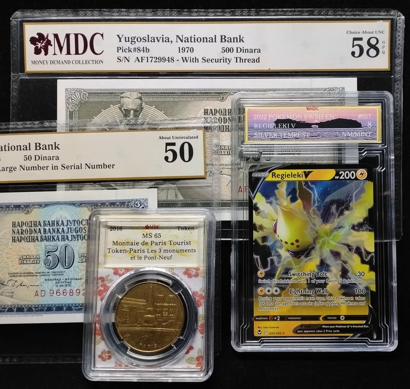 4pcs Mixed Lot: Pokemon / Monnaie de Paris Tourist Token / Yugoslavia. 2022 / 1978 / 1970 | Regieleki V / 50 Dinara / 500 Dinara | MDC 8 NM Mint / MS 65 / 50 / 58 GPQ | Serial : 057/195★ & AD9668927 & AF1729948 | P#89a. P#84b.