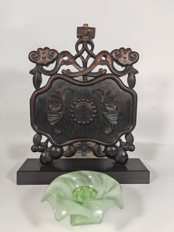 Qing Dynasty to Republic Chinese Chair Back Hardwood and Green Glass Flower Art Deco, Qty-2