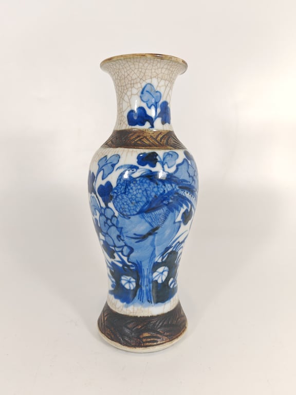 Qing Dynasty Cracker Glaze Blue and White Pheasant Flowers Sauce Glaze Vase 清代 冰裂纹青花雉鸡花卉酱釉瓶, Qty - 1