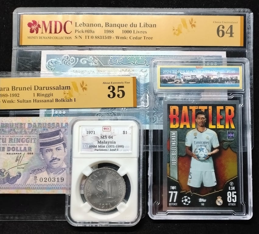 4pcs Mixed Lot: Match Attax / Malaysia / Brunei / Lebanon. 2024 / 1971 / 1989-1992 / 1988 | Jude Bellingham / 1 Ringgit / 1000 Livres | MDC 9 Mint / MS 64 / 35 / 64 | Serial : 146 & B/3 020319 & 1T/0 8831549 | KM#9. P#13a. P#69a.