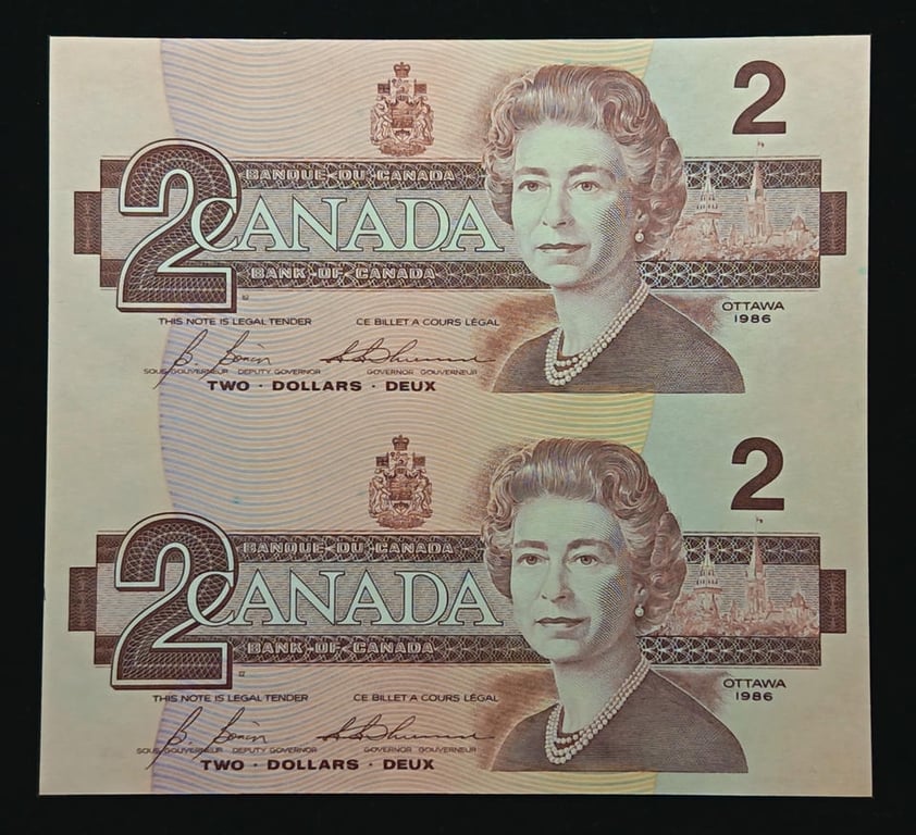 P#94, Canada，1986，2 Dollars，CBK 7865771 / CBK 7868271, Uncut Sheet of 2，UNC, Foxing