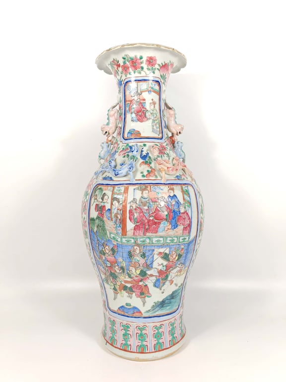⭐ Late Qing Dynasty Extremely Rare White Ground Famille Rose Large Vase with Warriors Scholars Horses Phoenixes Magpies and Kui Dragons晚清 极度稀有白地粉彩刀马人物四季花卉凤凰喜鹊夔龙双耳大瓶