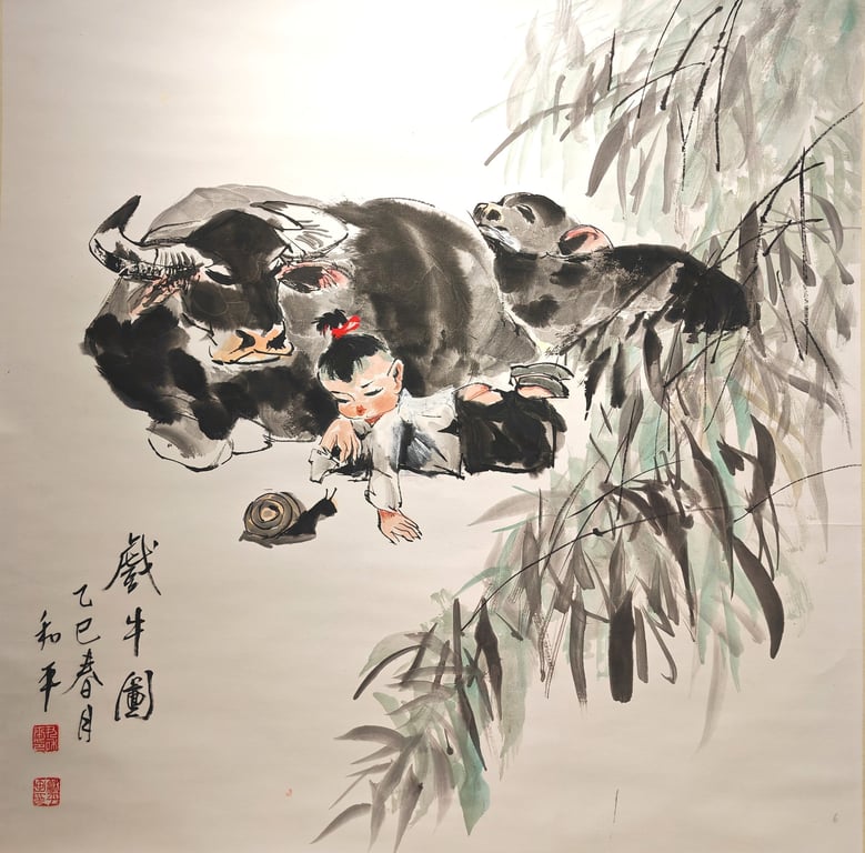 ⭐ 童趣 戏牛图 尹和平  水墨  纸本  立轴, Qty-1