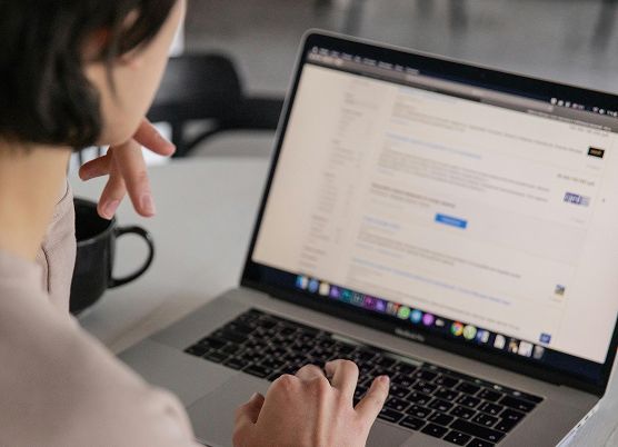 woman examining a website on a laptop