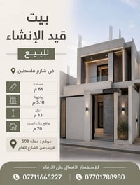 بيت قيد الإنشاء للبيع. في شارع فلسطين   مساحه 66 م واجهه 5.10 نزال 13 ...