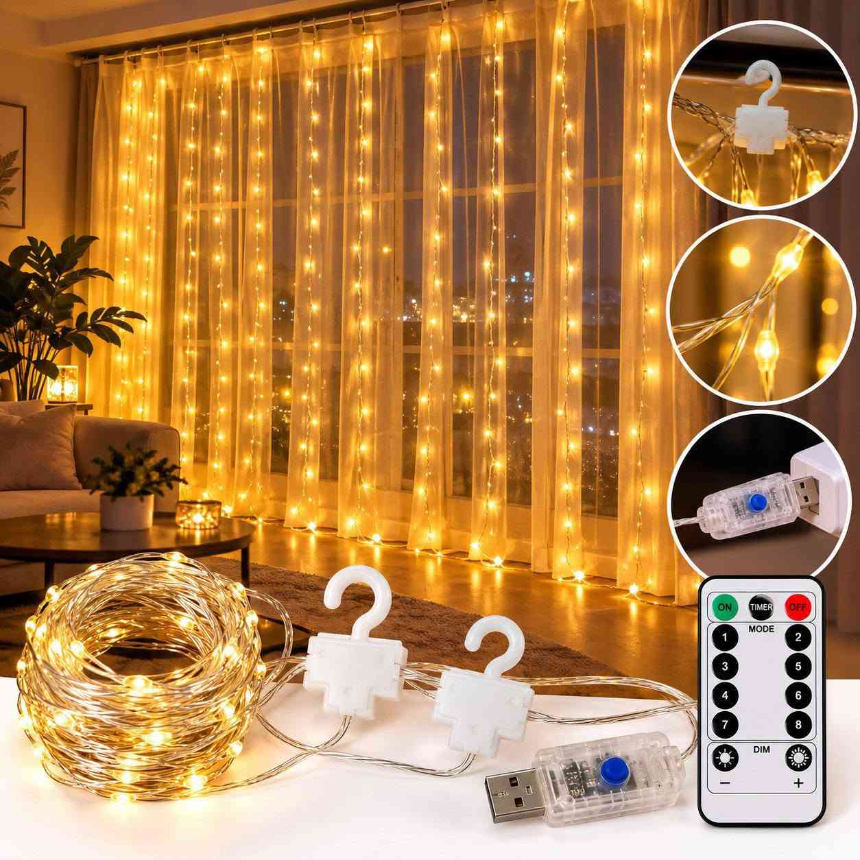 . إضاءة LED بتصميم ستارة أنيق.

. القياس: 3 × 3 متر.

. إضاءة متعددة الألوان (Multicolor).

• تحتوي على 8 أوضاع إضاءة

. يمكن التحكم بأنماط الإضاءة من خلال الريموت.

. تعمل عن طريق USB.

.مناسبة للشبابيك والستائر والجدران وغرف النوم.

. مثالية للحفلات، الأعراس، أعياد الميلاد والمناسبات.

. تضيف أجواء دافئة ومميزة للبيت والديكور.

.سهلة التركيب والتعليق

السعر : 10 آلاف ✨ 
متوفر توصيل لجميع المحافظات
