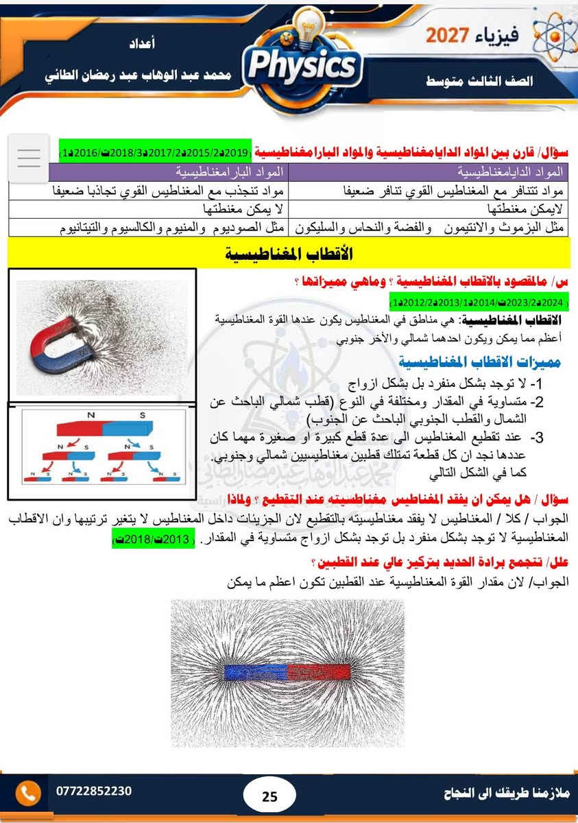 #ملزمة ٢٠٢٧ 
#الصف الثالث متوسط 
#فيزياء  
#الفصل الثاني 
#تحتوي الملزمة على حل مراجعة الدرس وحل الاسئلة الوزارية  لجميع السنوات السابقة  إلى سنة ٢٠٢٦ الدور الثاني..... وشرح مبسط للمادة 
#مدرس الفيزياء/ محمد عبد الوهاب عبد رمضان الطائي 
الملزمة متوفرة لدى مكتبة الشمس  /١٧ تموز 
الملزمة متوفرة لدى مكتبة جنة /الاقتصاديين
الملزمة متوفرة لدى مكتبة المتنبي / مشيرفة

نص مكتوب في الصور:
- 3 متوسط 2027 فيزياء محمد عبد الوهاب عبد رمضان الطائي خبرة في التدريس لأكثر من 15 سنة تحتوي الملزمة على شرح مفصل للمادة تحتوي الملزمة على حل الاسئلة الفصلية والاسئلة الوزارية تحتوي الملزمة على رسوم توضيحية للمواضيع المهمة تتوفر لدى المدرس دورات تقوية في الفيزياء والكيمياء والرياضيات
- فيزياء 2027 الصف الثالث متوسط أعداد محمد عبد الوهاب عبد رمضان الطائي Physics الفصل الثاني المغناطيسية 02 1-2 مفهوم المغناطيسية المغناطيسية : قابلية المادة على جذب القطع الحديدية اليها . وهي مادة تتركب من اوكسيد الحديد الاسود Fe3O4 سؤال عرف المغناطيس؟ وماهي استخداماته؟ 3د2019/2د2011 الجواب / المغناطيس : هو عبارة عن قطعة من الحديد المطاوع يمتلك قطبين له القابلية على جذب قطع الحديد او الفولاذ اليه . وتكون المغاط على نوعين صناعية على شكل ساق او حرف U و طبيعية على شكل حجار استخدامات المغناطيسية 1- تستخدم المغانط الكهربائية الضخمة لرفع قطع الحديد ( الخردة او الفولاذ) 2- تستخدم في مولدات الصوت السماعة 3- تستخدم في المولدات والمحركات الكهربائية والتلفاز وأجهزة التسجيل الصوتي 4- تستخدم في بوصلات الملاحة 5- تستخدم في الحروف المطبعية للآلة الكاتبة. س عرف ابرة البوصلة وزاري 1د2014/1د2018/3د2019 الجواب ابرة البوصلة: هي مغناطيس صغير دائمي يمكنه الدوران بحرية في مستوى افقي حول محور شاقولي مدبب وتستخدم لمعرفة الاتجاهات 2-2 المواد المغناطيسية سؤال تصنف المواد حسب خواصها المغناطيسية الى ثلاث انواع اذكرها (1د2011/3د2012/2د2015/1د2021) أولا : الدايا مغناطيسية : هي المواد التي تتنافر مع المغناطيس القوي تنافرا ضعيفا مثل البزموث والفسفور والانتييمون والنحاس والسليكون والفضة وغيرها كما في الشكل (a-7) ثانيا : البارامغناطيسية : هي المواد التي تنصيب بالمغناطيس القوي تجاذبا ضعيفا مثل المنيوم وكالسيوم وصوديوم والتيتانيوم وغيرها كما في الشكل (b-7) ثالثا: الفيرومغناطيسية : هي المواد التي تنصيب بالمغناطيس الاعتيادي فهي تمتلك قابلية تمغنط عالية مثل الفولاذ والنيكل والحديد والكوبلت كما في شكل (c-7) *********** ملازمنا طريقك الى النجاح 24
- فيزياء 2027 الصف الثالث متوسط أعداد محمد عبد الوهاب عبد رمضان الطائي سؤال/ قارن بين المواد الدايامغناطيسية والمواد البارامغناطيسية (2019/2 2015/2 2017/2 2018/3 2016/1ت) المواد الدايامغناطيسية المواد البارامغناطيسية مواد تتنافر مع المغناطيس القوي تنافر ضعيفا مواد تنجذب مع المغناطيس القوي تجاذبا ضعيفا لا يمكن مغنطتها لا يمكن مغنطتها مثل البزموث والانتييمون والفضة والنحاس والسليكون مثل الصوديوم والمنيوم والكالسيوم والتيتانيوم الأقطاب المغناطيسية س/ مالقصود بالاقطاب المغناطيسية ؟ وماهي مميزاتها ؟ (2024/2 2023/2 2014/1 2013/2 2012/1ت) الاقطاب المغناطيسية: هي مناطق في المغناطيس يكون عندها القوة المغناطيسية أعظم مما يمكن ويكون احدهما شمالي والآخر جنوبي مميزات الاقطاب المغناطيسية 1- لا توجد بشكل منفرد بل بشكل ازواج 2- متساوية في المقدار ومختلفة في النوع قطب شمالي الباحث عن الشمال والقطب الجنوبي الباحث عن الجنوب) 3- عند تقطيع المغناطيس الى عدة قطع كبيرة او صغيرة مهما كان عددها نجد ان كل قطعة تمتلك قطبين مغناطيسيين شمالي وجنوبي. كما في الشكل التالي محمد عبد الوهاب عبد رمضان الطائي سؤال / هل يمكن ان يفقد المغناطيس مغناطيسيته عند التقطيع ؟ ولماذا الجواب / كلا / المغناطيس لا يفقد مغناطيسيته بالتقطيع لان الجزيئات داخل المغناطيس لا يتغير ترتيبها وان الاقطاب المغناطيسية لا توجد بشكل منفرد بل توجد بشكل ازواج متساوية في المقدار. ( 2013 / 2018ت) علل/ تتجمع برادة الحديد بتركيز عالي عند القطبين ؟ الجواب/ لان مقدار القوة المغناطيسية عند القطبين تكون اعظم ما يمكن *********** 25 ملازمنا طريقك الى النجاح
- فيزياء 2027 الصف الثالث متوسط أعداد محمد عبد الوهاب عبد رمضان الطائي نشاط اشرح نشاطا يوضح فيه قوى التجاذب والتنافر بين الاقطاب المغناطيسية 2013/ 2014 ادوات التجربة : ساقان مغناطيسيان، خيط، كلاب حامل من مادة لا تتأثر بالمغناطيس. الخطوات: - نعلق الساق المغناطيسية من مركز ثقلها ( من منتصفها ) بوساطة الخيط والكلاب والحامل ونتركها حرة في وضع افقي. نلاحظ ان الساق المغناطيسية تتخذ وضعا افقيا بموازاة خط (الشمال - الجنوب ) كما في الشكل التالي - نمسك ببدنا ساق مغناطيسية اخرى ونجعل قطبها الشمالي (N) بارزا من اليد - نقرب القطب الشمالي للساق المغناطيسية الممسوكة باليد من القطب الشمالي للساق المغناطيسية المعلقة - نجد ان القطب الشمالي للمغناطيس الطليق يبتعد عن القطب الشمالي للمغناطيس الممسوك باليد وهذا ناتج عن تنافرها - نعكس قطبية الساق الممسوكة باليد (نجعل قطبها الجنوبي (S) هو القطب البارز من اليد في هذه المرة ثم نقربه من القطب الجنوبي للساق المغناطيسية كما في الشكل التالي الحالة B - نجد ان القطب الجنوبي للمغناطيس الطليق يبتعد عن القطب الجنوبي للقطب الممسوك باليد وهذا ناتج كذلك عن قوة التنافر بينهما الاستاذ - نكرر العملية السابقة ونقرب القطب الشمالي للساق المغناطيسية الممسوكة باليد من القطب الجنوبي للساق كما في الشكل اعلاه نجد ان القطبين ينجذبان مع بعضهما في هذه الحالة . وهذا ناتج تأثرهما بقوة تجاذب الاستنتاج : نستنتج ان الاقطاب المغناطيسية المتشابهة تتنافر مع بعضها بينما الاقطاب المغناطيسية المتخلفة تتجاذب مع بعضها . 3-2 المجال المغناطيسي عرف المجال المغناطيسي ؟ وماهي مميزات خطوط المجال المغناطيسي ؟ (2019 ت / 2022 ت / 2023 ت / 2024 ت / 2014-2/2018-2) ج المجال المغناطيسي في نقطة ما : هو الحيز الذي يحيط بالمغناطيس والذي يظهر فيه تأثير القوى المغناطيسية خطوط المجال المغناطيسي مميزات خطوط 1- خطوط وهمية غير مرئية 2- خطوط مقفلة تتجه من القطب الشمالي نحو القطب الجنوبي خارج المغناطيس مكملة دورتها داخلة كما في الشكل التالي 3- تتنافر فيما بينها ولا تتقاطع 4- تكون متقاربة ومزدحمة عند القطبين ومتباعدة عند الوسط خطوط المجال المغناطيسي خطوط المجال المغناطيسي S N N S *********** 26 ملازمنا طريقك الى النجاح
- فيزياء 2027
- الصف الثالث متوسط
- أعداد
- محمد عبد الوهاب عبد رمضان الطائي
- Physics
- ***********
- ملازمنا طريقك الى النجاح