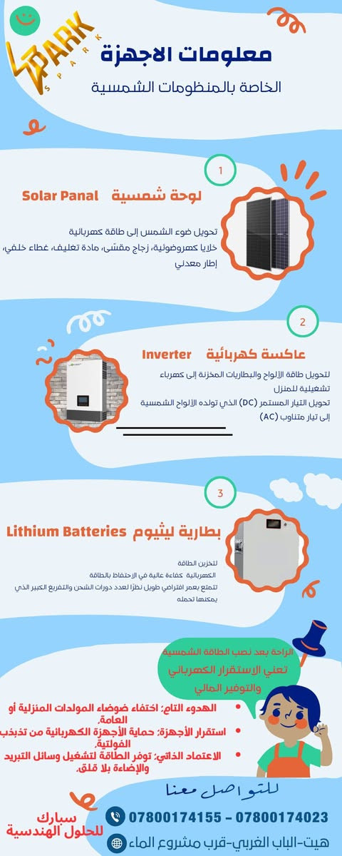 عرض الصيف الحار 🔥

الشمس مصدر طاقتك والخصم من عدنا ☀️ 17.1% خصم

لا تشيل هم الكهرباء بعد اليوم!

وداعاً لقطع الكهرباء! مع سبارك للحلول الهندسية وفر فاتورتك وريح بالك

أسعار ما تتعوض

العرض محدود والكمية محدودة

المنظومة تشمل التركيب والضمان

ألواح جينكو 620W

انفيرتر LuxPower 6KW  بطارية ليثيوم TECH LINE

اتصل هسه واحجز منظومتك 

📞 *********** - ***********

📍 هيت - الباب الغربي - قرب مشروع الماء

#سبارك_للطاقة_الشمسية #طاقة_شمسية #هيت #الانبار #توفير_الكهرباء #منظومات_شمسية 

#طاقة_نظيفة #طاقة_شمسية_في_العراق #سبارك #عروض_الصيف
