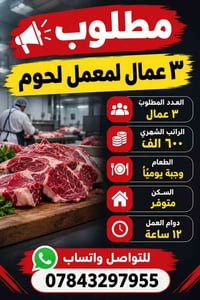٣ عمال • معمل لحوم • سكن متوفر