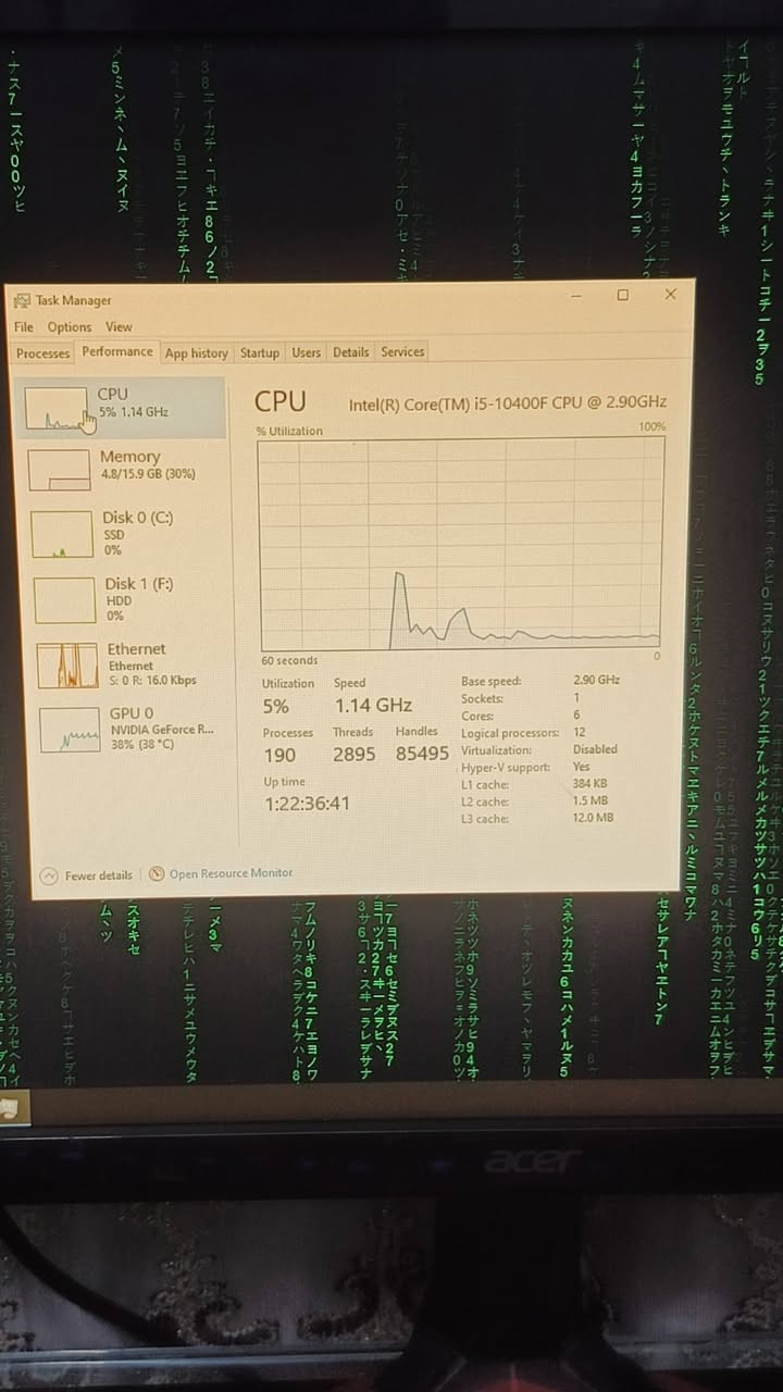 تجميعة pc للبيع كاملة مع شاشة كيمنك وماوس وكيبورد Intel Core i5-10400F
NVIDIA GeForce RTX 2060 6GB
16GB DDR4 RAM 2400MHz
Samsung 860 EVO 500GB SSD
Seagate 1TB HDD (ST1000DM003)
Intel Ethernet Connection I219-V
Windows 10/11
6 Cores / 12 Threads
Base Clock: 2.90GHz
L3 Cache: 12MB 
اي استفسار واتساب *********** فقط واتساب

نص مكتوب في الصور:
- Task Manager
- File Options View
- Processes Performance App history Startup Users Details Services
- CPU
- 6% 2.22 GHz
- Memory
- 4.8/15.9 GB (30%)
- Disk 0 (C:)
- SSD
- 1%
- Disk 1 (F:)
- HDD
- 0%
- Ethernet
- S: 0 R: 16.0 Kbps
- GPU 0
- NVIDIA GeForce R...
- 33% (38 °C)
- ST1000DM003-1SB102
- Active time
- 100%
- 60 seconds
- 0
- Disk transfer rate
- 100 KB/s
- Average response time
- 0 ms
- Capacity:
- Formatted:
- 932 GB
- System disk:
- No
- Read speed
- 0 KB/s
- Write speed
- Page file:
- Type:
- Fewer details
- Open Resource Monitor
- 6% 1.72 GHz
- S: 0 R: 24.0 Kbps
- GPU O
- 36% (38 °C)
- Ethernet Intel(R) Ethernet Connection (14) I219-V
- Throughput
- 500 Kbps
- 450 Kbps
- Send
- 0 Kbps
- Receive
- 24.0 Kbps
- Adapter name: Ethernet
- Connection type: Ethernet
- IPv4 address: 192.168.0.123
- IPv6 address: fe80::a66:33ce:b730:cf95%4
- 6% 2.39 GHz
- (38 °C)
- GPU
- NVIDIA GeForce RTX 2060
- 3D
- 39% Copy
- Video Encode
- 0% Video Decode
- Dedicated GPU memory usage
- 6.0 GB
- Shared GPU memory usage
- 7.9 GB
- Utilization
- 45%
- Dedicated GPU memory
- 0.6/6.0 GB
- Driver version:
- Driver date:
- Task Manager File Options View Processes Performance App history Startup Users Details Services CPU 5% 1.14 GHz Memory 4.8/15.9 GB (30%) Disk 0 (C:) SSD 0% Disk 1 (F:) HDD 0% Ethernet Ethernet S: 0 R: 16.0 Kbps GPU 0 NVIDIA GeForce R... 38% (38 °C) CPU Intel(R) Core(TM) i5-10400F CPU @ 2.90GHz % Utilization 100% 60 seconds 0 Utilization 5% Speed 1.14 GHz Base speed Sockets: Cores: Logical processors: Virtualization: Hyper-V support: L1 cache: L2 cache: L3 cache: 2.90 GHz 1 6 12 Disabled Yes 384 KB 1.5 MB 12.0 MB Processes 190 Threads 2895 Handles 85495 Up time 1:22:36:41 Fewer details Open Resource Monitor
- 6% 1.62 GHz
- 1.8 / 15.9 GB (30%)
- S: 8.0 R: 32.0 Kbps
- 34% (38 °C)
- Memory usage
- 16.0 GB
- 15.9 GB
- Memory composition
- In use (Compressed)
- 4.6 GB (20.1 MB)
- Available
- 11.1 GB
- Speed:
- Slots used:
- Form factor:
- Hardware reserved:
- 2400 ...
- 2 of 2
- DIMM
- 148 MB
- Committed
- 5.6 / 18.7 GB
- Cached
- 1.8 GB
- Paged pool
- 293 MB
- Non-paged pool
- 213 MB
- Task Manager File Options View Processes Performance App history Startup Users Details Services CPU 6% 2.07 GHz Memory 4.8/15.9 GB (30%) Disk 0 (C:) 0% Disk 1 (F:) HDD 0% Ethernet Ethernet S: 0 R: 24.0 Kbps GPU 0 NVIDIA GeForce R... 37% (38 °C) Disk 0 (C:) Samsung SSD 860 EVO 500GB Active time 100% 60 seconds Disk transfer rate 500 KB/s 450 KB/s 60 seconds Active time 0% Average response time 1.0 ms Capacity: Formatted: System disk: Page file: Type: 466 GB 466 GB Yes Yes SSD Read speed 49.6 KB/s Write speed 74.4 KB/s Fewer details Open Resource Monitor
