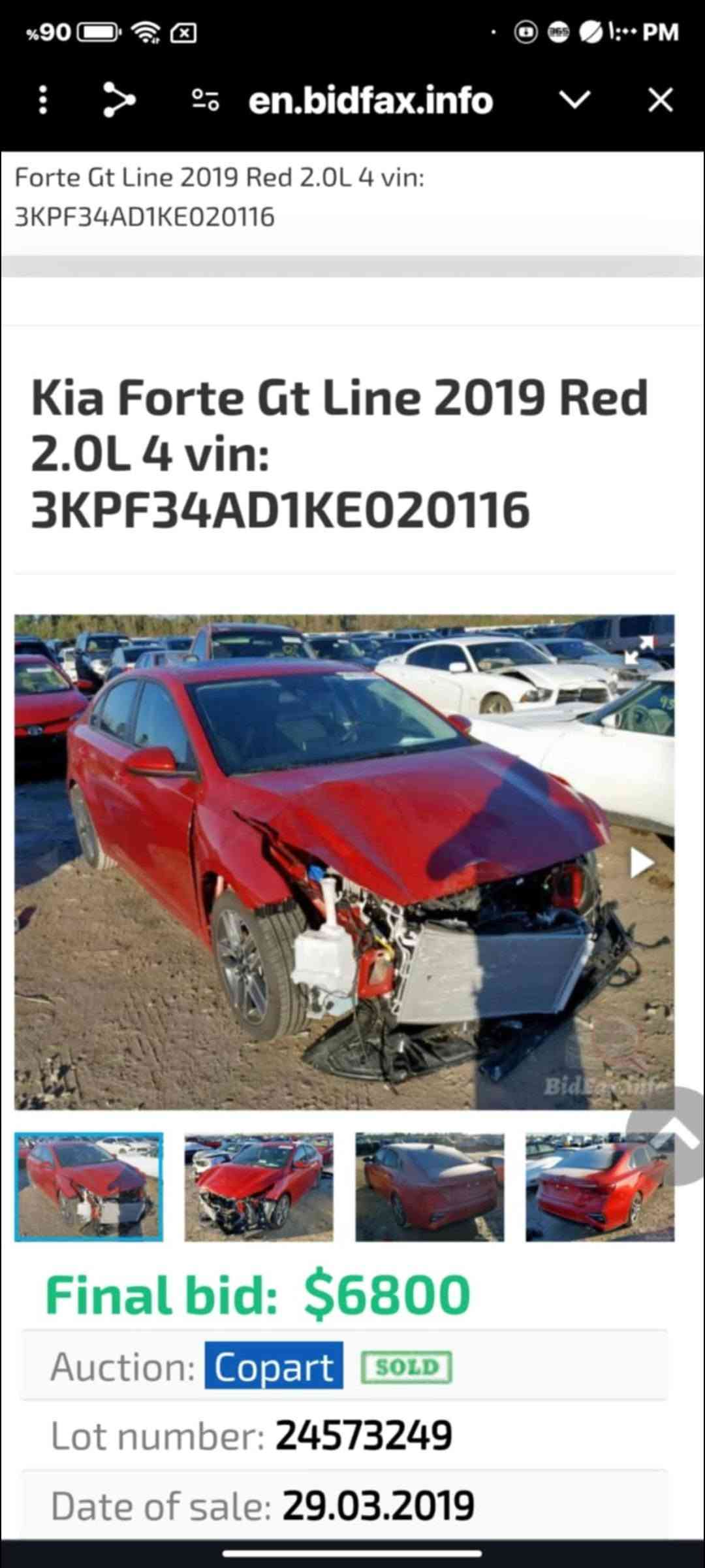 فورتي ١٩ جلد فتحه تحديد مسار توقف ذاتي سونار موجود مكاني بابل مركز سعر ١٢٠ ***********

نص مكتوب في الصور:
- محسن الصفار معرض
- أمس، ٢:٢٣ م
- en.bidfax.info
- Forte Gt Line 2019 Red 2.0L 4 vin:
- 3KPF34AD1KE020116
- Kia Forte Gt Line 2019 Red
- 2.0L 4 vin:
- Final bid: $6800
- Auction: Copart SOLD
- Lot number: 24573249
- Date of sale: 29.03.2019