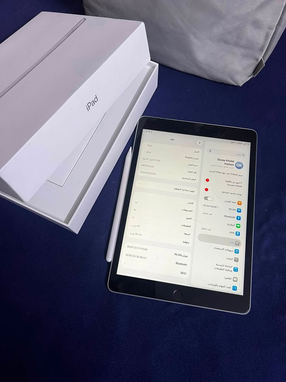 ايباد 9
350 الف بي مجال
نضافة 100‎%‎
ذاكرة 256
ويا  جنطة اصلية
ويا قلم 
مكان بغداد عامرية
***********

نص مكتوب في الصور:
- ٠٣:٥٠ م الثلاثاء ١٥ أيلول ٢٧٪ حول الاسم < iPad (2) إصدار iPadOS < 26.6 اسم الطراز iPad (الجيل التاسع) رقم الطراز MK2P3CH/A الرقم التسلسلي PH2HHFQYXW انتهت صلاحية التغطية < الأغاني . الفيديوهات Vo الصور ٩٢ التطبيقات ١٤ السعة ٢٥٦ غ.ب. متوفرة ١٩٧,٠٤ غ.ب. عنوان WLAN 00:81:2A:17:F9:A6 Bluetooth 00:81:2A:16:38:A3 SEID < Qusay Khalid Hattam QK حساب Apple و iCloud والمزيد عرض iCloud على جهاز iPad الجديد ٣ أشهر من Apple Music متضمنة يوجد تحديث للبرامج نمط الطيران QUSAY@NET WLAN غير متصل Bluetooth ؜ البطارية VPN غير متصل عام تسهيلات الاستخدام البحث الشاشة الرئيسية ومكتبة التطبيقات الكاميرا تعدد المهام والإيماءات
- Qusay Khalid Hattam
- QK
- حساب Apple و iCloud والمزيد
- عرض iCloud على جهاز iPad الجديد
- 3 أشهر من Apple
- Music متضمنة
- يوجد تحديث للبرامج
- نمط الطيران
- WLAN
- غير متصل
- Bluetooth
- البطارية
- VPN
- عام
- تسهيلات الاستخدام
- البحث
- الشاشة الرئيسية
- ومكتبة التطبيقات
- الكاميرا
- تعدد المهام والإيماءات
- حول
- < iPad
- < 26.6
- iPad (الجيل التاسع)
- MK2P3CH/A
- PH2HHFQYXW
- انتهت صلاحية التغطية
- الأغاني
- الفيديوهات
- 1٤
- الصور
- 356 ع.ب
- التطبيقات
- 197,5V غ.ب
- السعة
- متوفرة
- 00:81:2A:17:F9:A6
- 00:81:2A:16:38:A3
- عنوان WLAN
- SEID