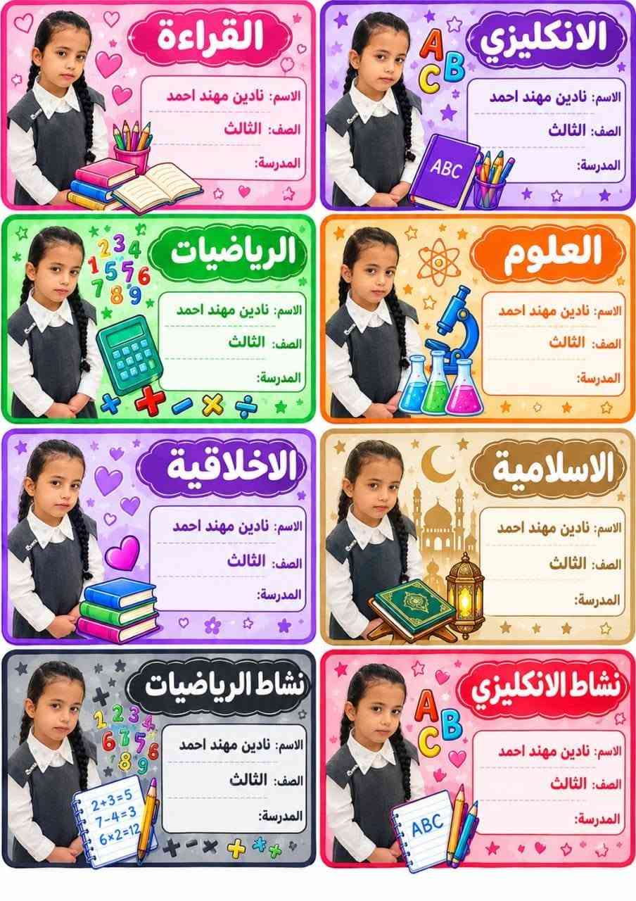 طلبات الزبائن الحلوين بالتوفيق والنجاح الدائم اطفالنا الحلوين 🥰🥰🥰🥰سعر الطبقة بالف( 1000 ) فقط بمناسبة العام الدراسي لواصق كتب والدفاتر صورة الطالب اسم الطالب واسم الماده والصف بسعر تنافسي يوجد توصيل  للحجز تواصل ع رقم//*********** إتصال او واتساب📚❤️ ملاحظة توصيل مجاناً تكريت_الفرسان_ حماد شهاب _المحزم_الصقور

نص مكتوب في الصور:
- دفتر القراءة
- الاسم : فهد ناظم محمود
- الصف : روضة
- المدرسة : روضة البنفسج
- دفتر الانكليزي
- ABC
- دفتر الرياضيات
- 123
- دفتر العلوم
- أ ب ت
- دفتر الاملاء
- دفتر الاسلامية
- دفتر الرسم
- دفتر املاء الانكليزي
- القراءة الاسم: سيرين محمد طه الصف: الثالث المدرسة: أفلاذ الابتدائية الانكليزي الاسم: سيرين محمد طه الصف: الثالث المدرسة: أفلاذ الابتدائية الرياضيات الاسم: سيرين محمد طه الصف: الثالث المدرسة: أفلاذ الابتدائية العلوم الاسم: سيرين محمد طه الصف: الثالث المدرسة: أفلاذ الابتدائية الاخلاقية الاسم: سيرين محمد طه الصف: الثالث المدرسة: أفلاذ الابتدائية الاسلامية الاسم: سيرين محمد طه الصف: الثالث المدرسة: أفلاذ الابتدائية نشاط الرياضيات الاسم: سيرين محمد طه الصف: الثالث المدرسة: أفلاذ الابتدائية نشاط الانكليزي الاسم: سيرين محمد طه الصف: الثالث المدرسة: أفلاذ الابتدائية
- القراءة
- الاسم: نادين مهند احمد
- الصف: الثالث
- المدرسة:
- الانكليزي
- الرياضيات
- العلوم
- الاخلاقية
- الاسلامية
- نشاط الرياضيات
- نشاط الانكليزي
- الاسم: لانا محمد احمد
- المدرسة: الفارعة الابتدائية
- دفتر املاء الانكليزي الاسم: يوسف محمد طه الصف: السادس المدرسة: أفلاذ الابتدائية دفتر الانكليزي الاسم: يوسف محمد طه الصف: السادس المدرسة: أفلاذ الابتدائية دفتر الرياضيات الاسم: يوسف محمد طه الصف: السادس المدرسة: أفلاذ الابتدائية دفتر العلوم الاسم: يوسف محمد طه الصف: السادس المدرسة: أفلاذ الابتدائية دفتر املاء الاسم: يوسف محمد طه الصف: السادس المدرسة: أفلاذ الابتدائية دفتر الاسلامية الاسم: يوسف محمد طه الصف: السادس المدرسة: أفلاذ الابتدائية دفتر الاجتماعيات الاسم: يوسف محمد طه الصف: السادس المدرسة: أفلاذ الابتدائية دفتر القواعد الاسم: يوسف محمد طه الصف: السادس المدرسة: أفلاذ الابتدائية
- الاسم: يوسف محمد طه
- الصف: السادس
- المدرسة: أفلاذ الابتدائية
- الاجتماعيات
- قواعد