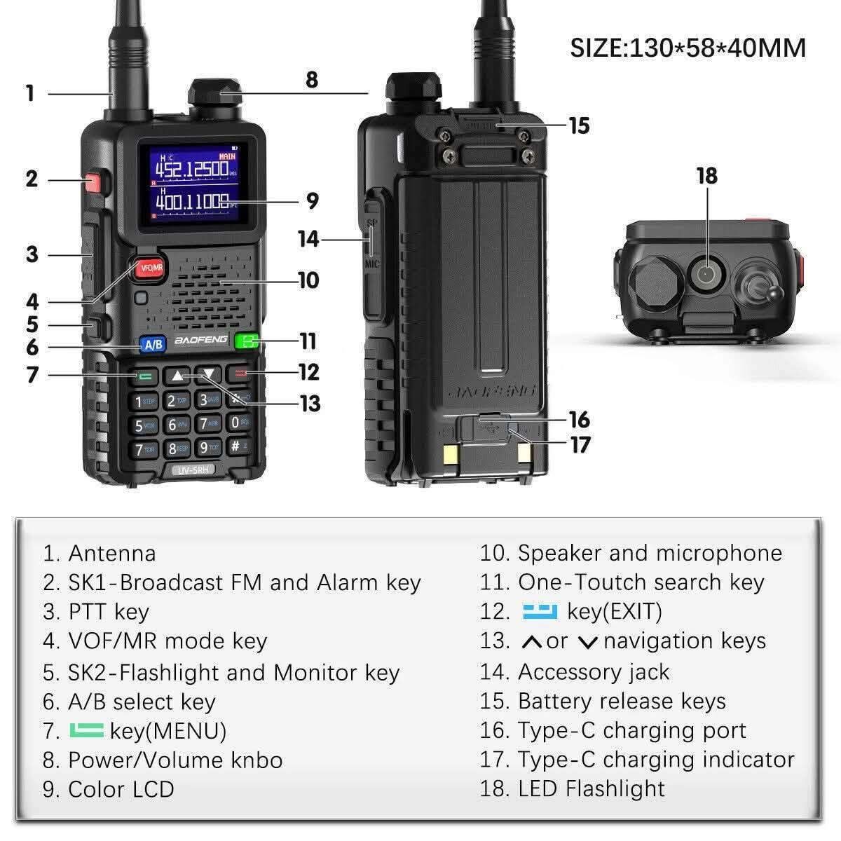 للبيع اسعار مناسب شلع------

نص مكتوب في الصور:
- BAOFENG
- Bluetooth APP Programming
- Multi Band
- AM/FM Aviation Band Receiving
- Wireless Copy Frequency
- 1.77" Color Screen
- 1000 Channels
- Two charger methods
- SIZE:130*58*40MM 1 8 2 9 3 10 4 5 11 6 12 7 13 14 15 16 17 18 1. Antenna 2. SK1-Broadcast FM and Alarm key 3. PTT key 4. VOF/MR mode key 5. SK2-Flashlight and Monitor key 6. A/B select key 7. key(MENU) 8. Power/Volume knbo 9. Color LCD 10. Speaker and microphone 11. One-Toutch search key 12. key(EXIT) 13. or navigation keys 14. Accessory jack 15. Battery release keys 16. Type-C charging port 17. Type-C charging indicator 18. LED Flashlight
- Standard Package
- Decode other walkie talkie's frequency Step: Step1: Power on walkie talkie and press "" you can see the display show: SEEK. Step 2: Press and hold the other Walkie Talkie transmitting frequency and when it searches for another frequency, press "MENU" to confirm. Step 3: Switch to channel mode and the display will show the other person's frequency. Then you can start communicating.
- BAOFENG UV-5RH Long Range Walkie Talkie 10W High Power PC/Keypad Programmable Airband Receiver 1.77" Color Screen Type-C Charging DTMF Manual Dial 999 Channels Frequency Copy