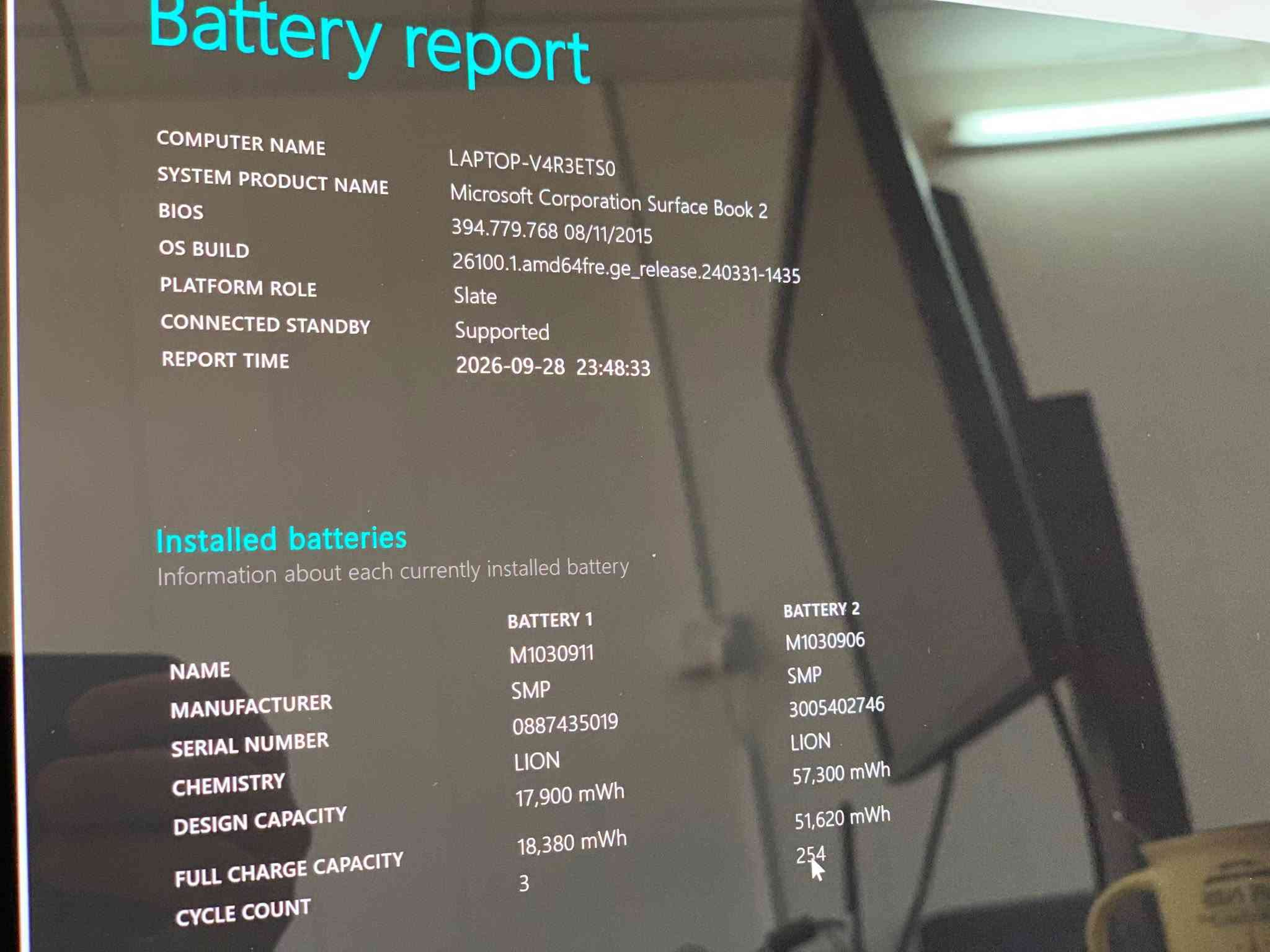 microsoft book 2
💻 Core i7 – 8th Gen
🧠 RAM: 16GB
💾 SSD: 512GB
🖥️ Screen: 14”
⚡ Windows 11
🔋 باتری هەردووکی بەردەستن
✨ دیزاینی جوان و جەستەی سپی

❗ تێبینی: لەمسی شاشە کار ناکات، بەڵام شاشە بە خۆی کار دەکات و بە Mouse/Keyboard بە ئاسانی بەکاردێت.

💰 نرخ: تەنها 380,000 دینار

📦 گونجاوە بۆ خوێندن، ئۆفیس، کارەکانی ڕۆژانە و بەکارهێنانی ماڵەوە.

📩 بۆ کڕین و زانیاری زیاتر پەیام بنێرە.

نص مكتوب في الصور:
- System > About Storage 477 GB 62 GB of 477 GB used Graphics Card 128 MB Intel(R) UHD Graphics 620 Installed RAM 16.0 GB Speed: 1867 MHz Processor Intel(R) Core(TM) i7-8650U CPU @ 1.90GHz 2.11 GHz Rename this PC Copy LAPTOP-V4R3ETS0 Surface Book 2 Device specifications Device name LAPTOP-V4R3ETS0 Processor Intel(R) Core(TM) i7-8650U CPU @ 1.90GHz 2.11 GHz Installed RAM 16.0 GB Device ID 71283C46-3E1B-4402-8D12-489B34DCE53D Product ID 00325-80000-00000-AAOEM System type 64-bit operating system, x64-based processor Pen and touch Pen and touch support with 10 touch points Related links Domain or workgroup System protection Advanced system settings
- Battery report COMPUTER NAME LAPTOP-V4R3ETS0 SYSTEM PRODUCT NAME Microsoft Corporation Surface Book 2 BIOS 394.779.768 08/11/2015 OS BUILD 26100.1.amd64fre.ge_release.240331-1435 PLATFORM ROLE Slate CONNECTED STANDBY Supported REPORT TIME 2026-09-28 23:48:33 Installed batteries Information about each currently installed battery BATTERY 1 BATTERY 2 NAME M1030911 M1030906 MANUFACTURER SMP SMP SERIAL NUMBER 0887435019 3005402746 CHEMISTRY LION LION DESIGN CAPACITY 17,900 mWh 57,300 mWh FULL CHARGE CAPACITY 18,380 mWh 51,620 mWh CYCLE COUNT 3 254