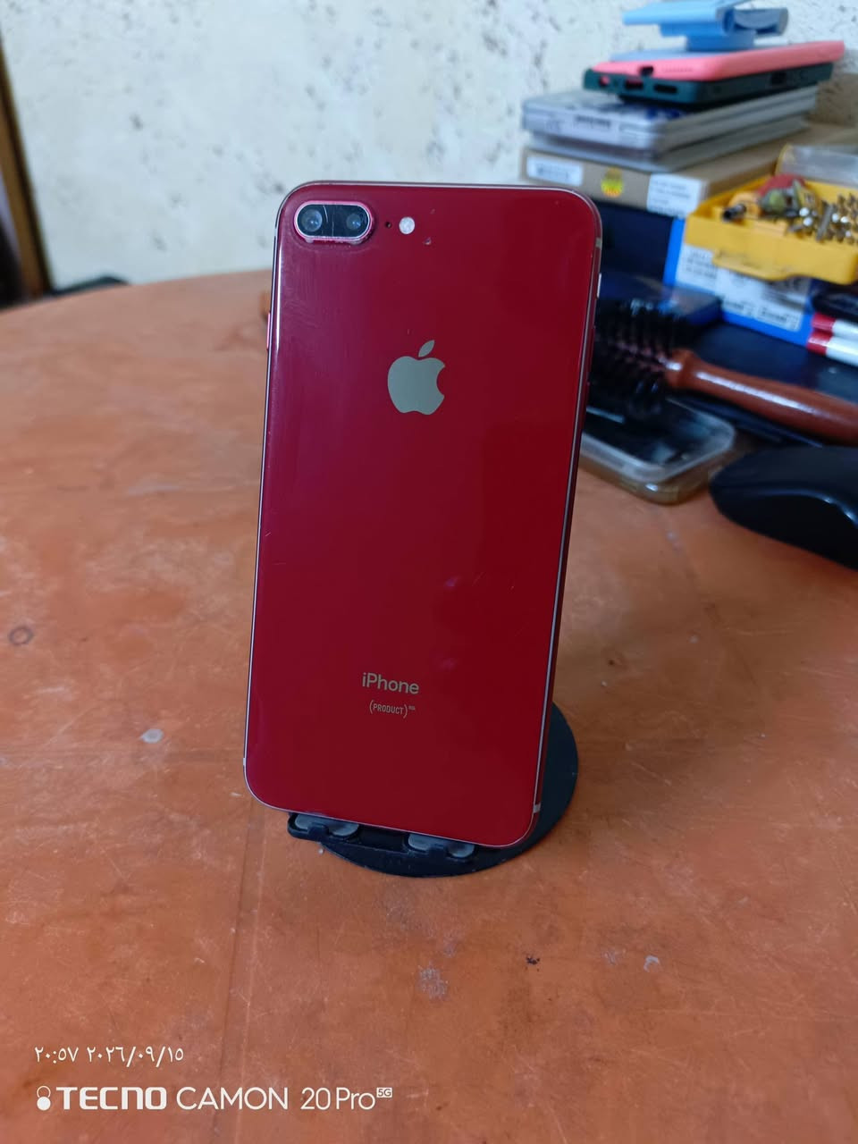 يالله 🤍 
‼️ للبيع : اخون السعر وكل التفاصيل خاص او واتساب مفتوح 24 ساعه ‼️ 
ايفون 8 plus 📱
ذاكره 256 💾 اقوى ذاكره بالايت 😎
بطاريه 100 🔋مستبدله اصليه متصرف ✨
لون احمر مميز 👌
الجهاز كلش نضيف ومابي كل عطل 👌
‼️ ملاحظه: فقط بي فطر بالكلاس ممأثر بالمس ‼️
السعر كلش مناسب ✨ 
مكاني محموديه مجمع القادسيه 🏠 
***********

نص مكتوب في الصور:
- ٢٠:٥٥ ٢٠٢٦/٠٩/١٥ TECNO CAMON 20 Pro 5G
- ٢٠:٥٧ ٢٠٢٦/٠٩/١٥
- TECNO CAMON 20 Pro 5G
- ٢٠:٥٦ ٢٠٢٦/٠٩/١٥ TECNO CAMON 20 Pro 5G
- ٢٠:٥٦ ٢٠٢٦/٠٩/١٥ TECNO CAMON 20 Pro 5G ٨ م لا توجد شريحة عام حول الشبكة غير متوفرة الأغاني الفيديوهات الصور السعة ٢٥٦ غ.ب. متوفر ٢٤٥,٦٥ غ.ب. شركة الاتصالات غير متوفرة عنوان Wi-Fi 50:7A:C5:37:26:0F Bluetooth 50:7A:C5:25:8A:7B IMEI 35 862709 432610 3 البرنامج الثابت للمودم 6.01.02 SEID