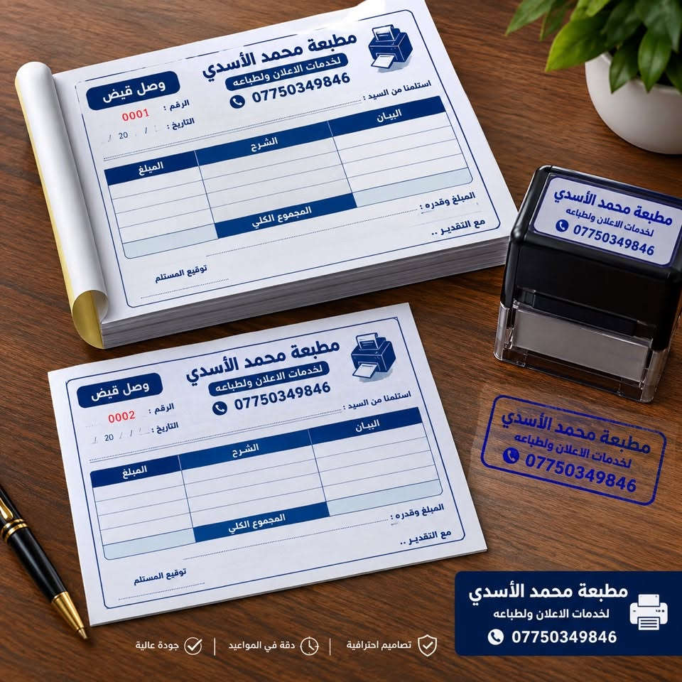 🖨️ مطبعة محمد الأسدي | خدمات الطباعة والإعلان

📌 خدماتنا:

🧾 وصولات وفواتير
🔵 أختام دائرية ومربعة
📢 فلكس وبنرات إعلانية
🏷️ ستيكرات لاصقة بجميع الأحجام
📇 كروت وبطاقات
📖 بروشورات ومنشورات
🍰 علب كيك وحلويات
🍽️ منيو مطاعم
📋 دفاتر وسندات
🎨 تصميم وطباعة حسب طلبك

✨ جودة عالية — شغل مرتب — تنفيذ حسب تصميمك

📞 للطلب والاستفسار: ***********

مطبعة محمد الأسدي
لخدمات الإعلان والطباعة
#مطبعة_محمد_الاسدي #طباعة #وصولات #اختام #منيو #ستيكرات #فليكس #علب #كيك  #اوفسيت #دعاية_واعلان
