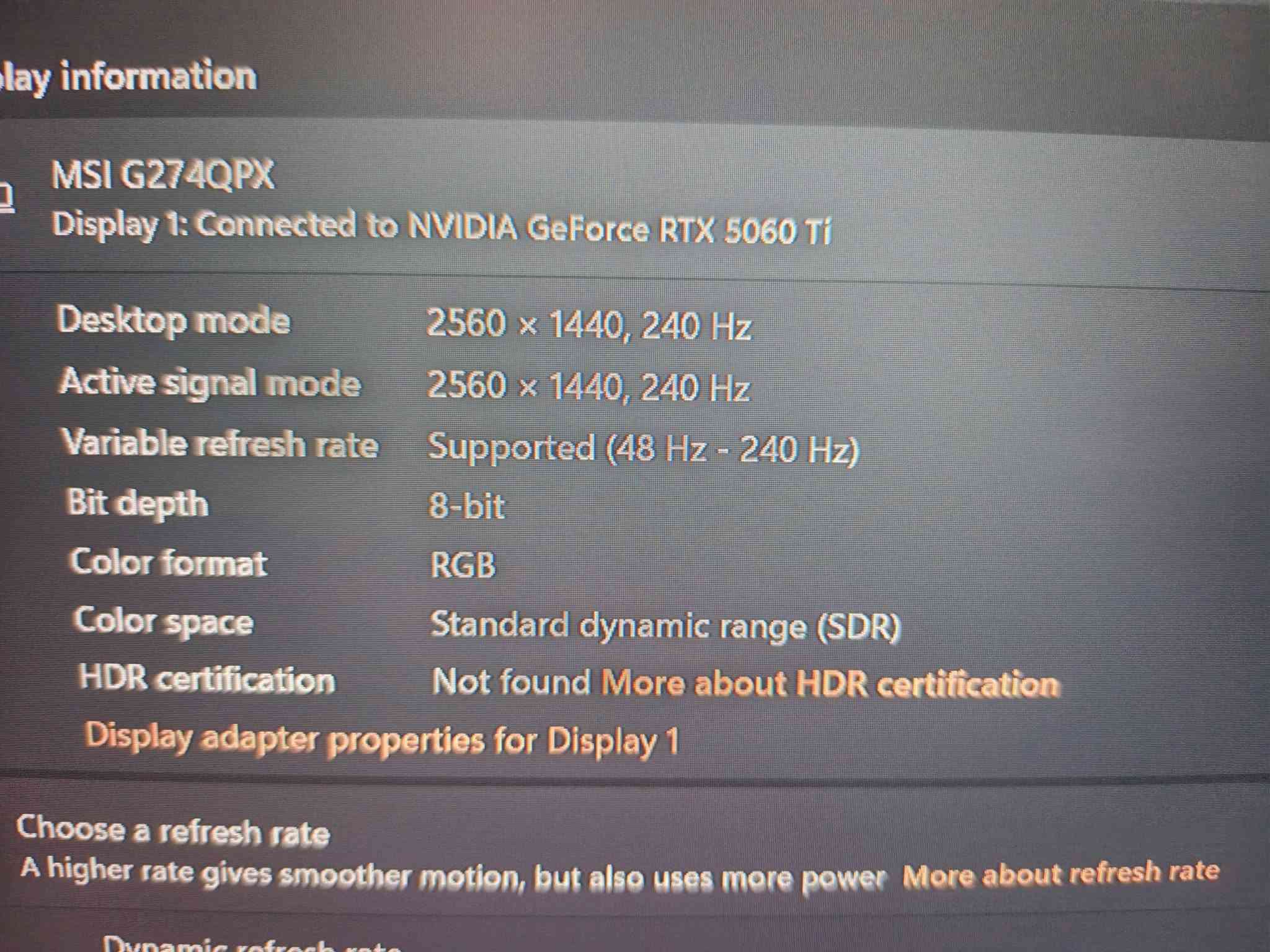 السلام عليكم 
شاشه msi
27
2k
Fast ips
Hdr 400
240 هرتز 
و بعد اكو تفاصيل 
سلاسه في العاب الشوتر
شاشه جديده و 
مكفوله من كل شي 
مكان بغداد البياع 
متواجد واتساب الي تخدمه يراسلني ***********
ملاحظه توصيل محافظات ماعندي تحياتي 🌹

نص مكتوب في الصور:
- Display information MSI G274QPX Display 1: Connected to NVIDIA GeForce RTX 5060 Ti Desktop mode 2560 x 1440, 240 Hz Active signal mode 2560 x 1440, 240 Hz Variable refresh rate Supported (48 Hz - 240 Hz) Bit depth 8-bit Color format RGB Color space Standard dynamic range (SDR) HDR certification Not found More about HDR certification Display adapter properties for Display 1 Choose a refresh rate A higher rate gives smoother motion, but also uses more power More about refresh rate
- msi ESPORTS GAMING NVIDIA G-SYNC RAPID IPS 240Hz 1ms GTG Wide Color Gamut 65W DISPLAY CERTIFIED HDR 400 msi