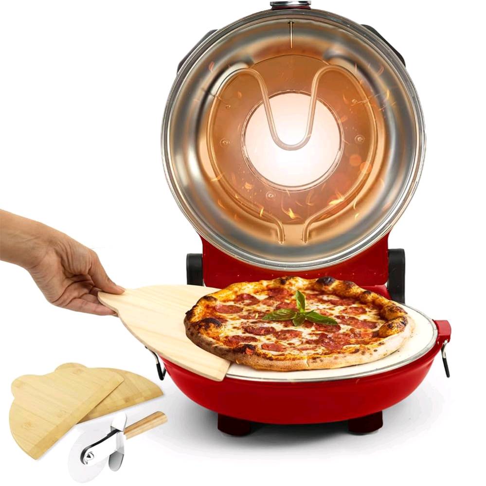 صانعة البيتزا الكهربائية (Pizza Maker) ذات القاعدة الحجرية من ماركة Anko. هذا الجهاز مصمم خصيصاً لطهي البيتزا المنزلية الطازجة أو المجمدة بجودة تقارب أفران الحجر الاحترافية في غضون دقائق معدودة.
💡 طريقة الاستخدام الأساسية:
1. التحضير المسبق: ضع الجهاز على سطح مستوٍ ومقاوم للحرارة.
2. التسخين: قم بتوصيل صانعة البيتزا بالكهرباء وتشغيلها على أقصى درجة حرارة لـ مدة 5 إلى 10 دقائق لكي يسخن الحجر الحراري تماماً.
3. الخبز: انقل عجينة البيتزا مع المكونات برفق إلى الحجر الساخن باستخدام مجاديف البيتزا المرفقة (Pizza Peels).
4. التوقيت: أغلق الغطاء ودعها تخبز؛ تستغرق البيتزا عادةً من 3 إلى 5 دقائق فقط لتصبح مقرمشة وجاهزة