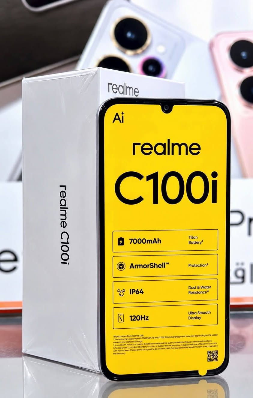 متوفر 
ريلميrealme
C100
C100X
C100i
انسب الاسعار
نقد+اقصاد
***********

نص مكتوب في الصور:
- Ai 8000mAh ملك المتانة والسلاسة realme C100 45W & 8000mAh بطارية تايتان مع شحن سريع | شاشة 120Hz فائقة السلاسة | IP69 Pro & 2 متر مقاومة الماء والصدمات بحماية عسكرية