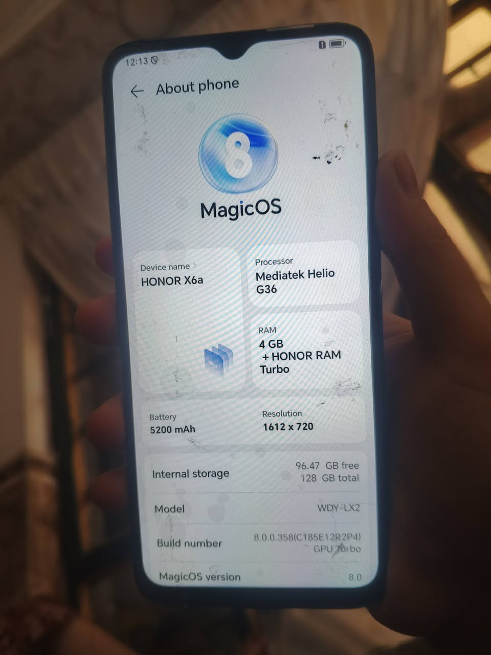 الموديل : 2x-HONOR X6a - WDY

المعالج : 36 Media Tek Helio

4GB + HONOR RAM Turbo :ldI

التخزين: 128GB

البطارية : 5200mAh

دقة الشاشة : 1612 × 720

النظام 8.0 MagicOS

الجهاز 4G♥مبدل شاشه اصليه سعره ٨٠ الف وبي مجال بغداد حي العامل ماعدي توصيل تيجي تاخذه من 🚪بيتي

نص مكتوب في الصور:
- 12:13
- About phone
- MagicOS
- Device name
- HONOR X6a
- Processor
- Mediatek Helio
- G36
- RAM
- 4 GB
- + HONOR RAM
- Turbo
- Battery
- 5200 mAh
- Resolution
- 1612 x 720
- Internal storage
- 96.47 GB free
- 128 GB total
- Model
- WDY-LX2
- Build number
- 8.0.0.358(C185E12R2P4)
- GPU Turbo
- MagicOS version
- 8.0