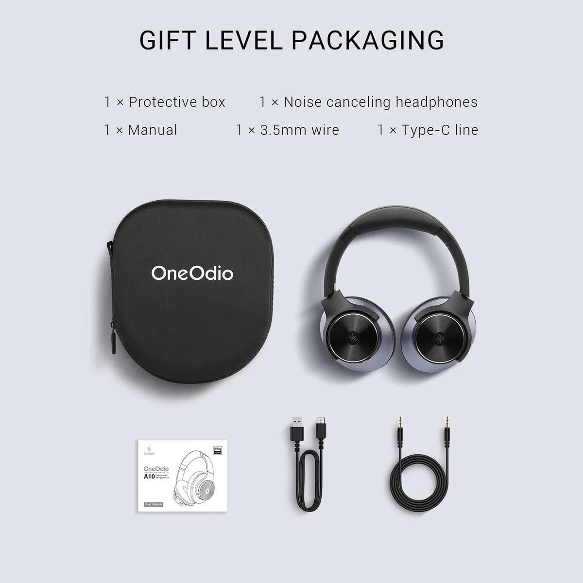 جديد

نص مكتوب في الصور:
- Best Seller US SELLER HYBRID ACTIVE NOISE CANCELLING HIGH QUALITY AUDIO Limited time deal
- GIFT LEVEL PACKAGING 1 x Protective box 1 x Noise canceling headphones 1 x Manual 1 x 3.5mm wire 1 x Type-C line
- UNIQUE AND STYLISH DESIGN
- OneOdio's classic CD pattern is paired with metallic haze blue.
- HIGH QUALITY AUDIO HI-Res Professional dual audio chamber 40MM polymer diaphragm driver US SELLER UNIQUE AND STYLISH DESIGN OneOdio's classic CD pattern is paired with metallic haze blue HYBRID ACTIVE NOISE CANCELLING 6 mics double-feed noise reduction, noise reduction depth -35db