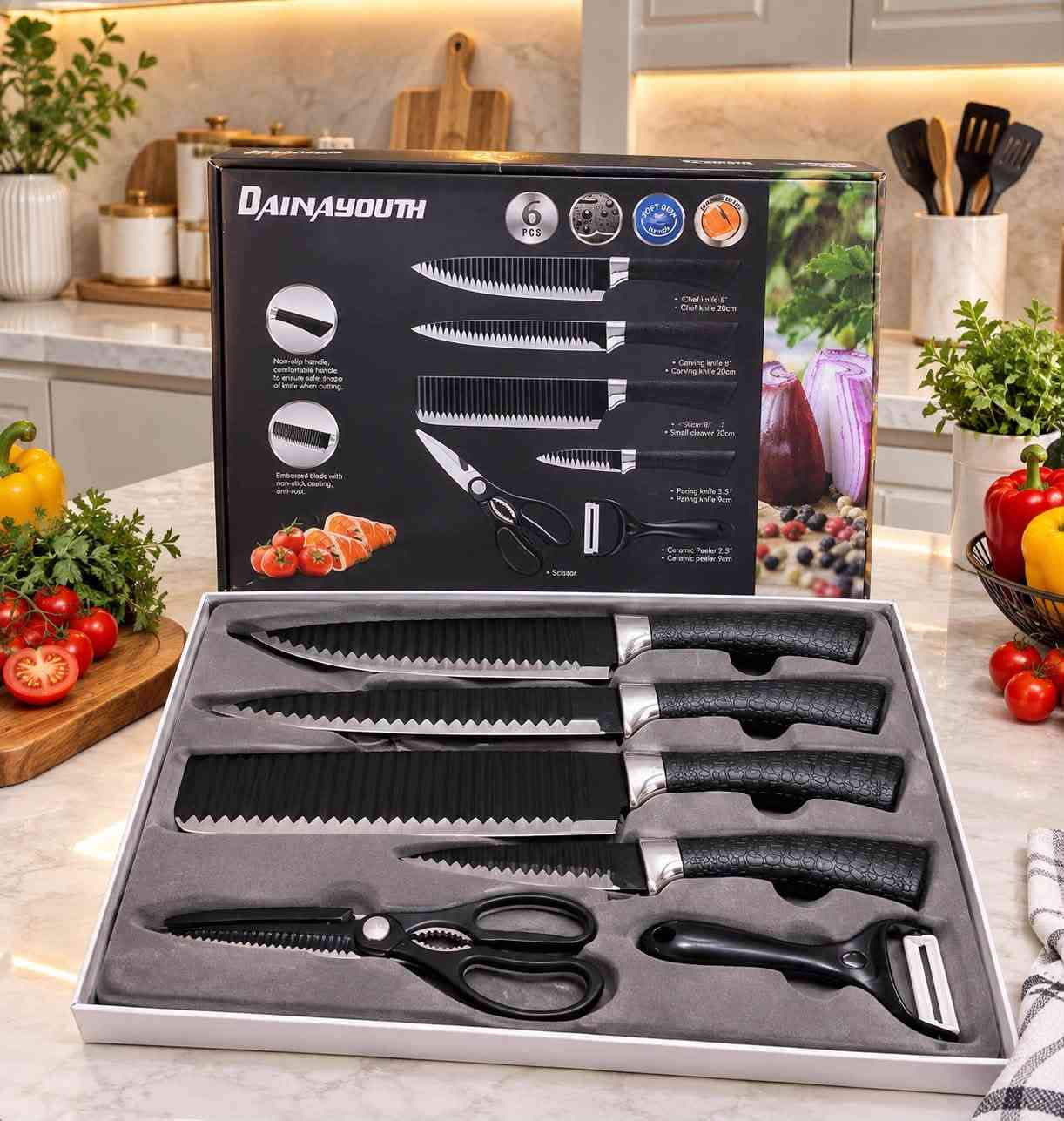 ✨ سيت سكاكين DAINAYOUTH الأصلي ✨
🔪 سيت عملي وأنيق للمطبخ
🍴 يحتوي على 6 قطع متعددة الاستخدام
🖤 مقابض مريحة وتصميم راقي
✨ مناسب للتقطيع والتحضير اليومي
💰 السعر: 8 الف دينار فقط
🔥 سعر مميز وكمية محدودة
📍 للتوصيل والحجز راسلونا على الخاص 💌
نونه نونه للتسوق 🛍

نص مكتوب في الصور:
- SET PRICE: EURO:199