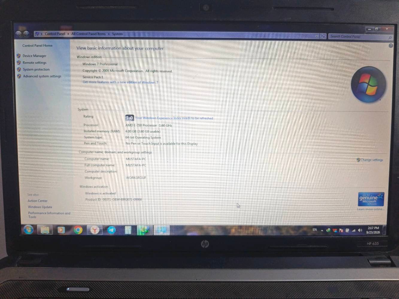 HP635
السعر 150 الف  
Screen size: 15.6
Processer: AMD E-350 1.60HZ
Hard disk: SSD256
RAM: 4GB
Windwos7pro
الحاسبة معرفه بالكامل 
مفعل بيها داونلود مانجر مدى الحياة 
اوفيس احدث اصدار 

ملاحظة:الحاسبة تصلح للعمل المكتبي والاستخدامات البسيطة