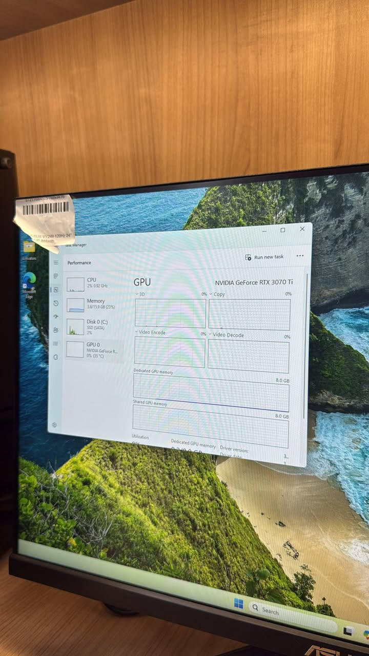 RTX 3070 TI كرت شاشة 
CORE I5 10400F معالج
RAM 16GB RGB الرامات
PSU 650 WATT البورسبلاي
256 SSD التخزين
500 HDD التخزين 
مليون و200 الف ومجال
واتساب:***********
الموقع دهوك و يوجد توصيل دهوك, العراق

نص مكتوب في الصور:
- Task Manager
- Performance
- Run new task
- CPU
- 8% 3.46 GHz
- Memory
- 3.8/15.9 GB (24%)
- Disk 0 (C:)
- SSD (SATA)
- 5%
- GPU 0
- NVIDIA GeForce R...
- 0% (37 °C)
- Memory usage
- 16.0 GB DDR4
- 15.9 GB
- 60 seconds
- Memory composition
- 0
- In use (Compressed)
- 3.8 GB (0 MB)
- Committed
- 4.0/18.8 GB
- Paged pool
- 235 MB
- Available
- 12.1 GB
- Cached
- 4.8 GB
- Non-paged pool
- 242 MB
- Speed:
- Slots used:
- Form factor:
- Hardware reserved:
- 2400 MT/s
- 1 of 2
- DIMM
- 94.8 MB
- Search
- ASUS VY249 120Hz 24" 8 Month Task Manager Performance Run new task CPU 2% 0.92 GHz Memory 3.6/15.9 GB (23%) Disk 0 (C:) SSD (SATA) 2% GPU 0 NVIDIA GeForce R... 0% (35 °C) GPU NVIDIA GeForce RTX 3070 Ti 3D 0% Copy 0% Video Encode 0% Video Decode 0% Dedicated GPU memory 8.0 GB Shared GPU memory 8.0 GB Utilization 0% Dedicated GPU memory 0/7.9 GB Driver version: Driver date: 3... Search