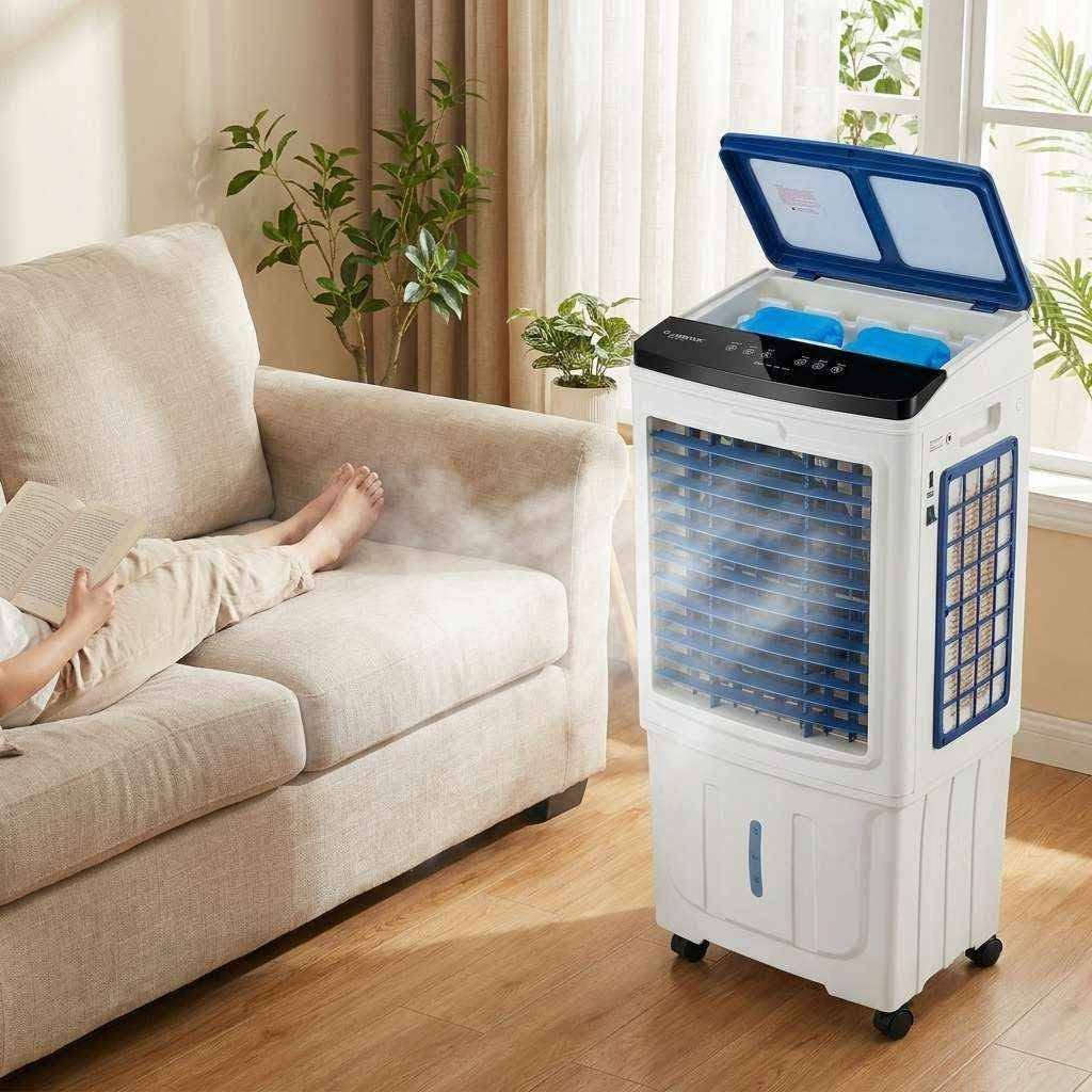 العلامة التجارية: LIBRIONIC Air Cooler.
​رقم الموديل: LC-D2040AR.
​ (Design & Technology of Germany).
​المحرك: محرك بنواة نحاسية (Copper Motor) لضمان عمر أطول وأداء أفضل.
​الميزات والتجهيزات
​تشغيل على البطارية (Lithium-Ion Battery): تدعم التشغيل عبر بطارية ليثيوم-أيوم (مما يسمح بتشغيلها عند انقطاع الكهرباء).
​عبوات تبريد إضافية: تأتي مع عبوة/قالب ثلج (Ice Pack) يوضع في خزان الماء لزيادة برودة الهواء.
​مؤشر مستوى الماء: تحتوي على نافذة شفافة في الواجهة الأمامية لمراقبة كمية الماء المتبقية.
​تصميم علوي: سطح زجاجي/بلاستيكي مزخرف برسم جليدي، مع لوحة تحكم باللمس أو أزرار إلكترونية.
​وظائف لوحة التحكم
​On/Off: التشغيل والإيقاف.
​Speed: التحكم بسرعات التبريد/المروحة.
​Timer: مؤقت لتحديد وقت التشغيل تلقائياً.
​Swing: تحريك شفرات الهواء توزيع الهواء اتجاهياً.
​Pump: تشغيل/إيقاف مضخة الماء (التبريد المائي).
​مؤشرات نسبة الشحن/الطاقة: أضواء تدل على مستويات الطاقة (20%, 40%, 60%, 80%, 100%). تعمل اكثر من 7ساعات
للحجز واتساب ***********
توصيل مجاني مجاني بغداد, العراق

