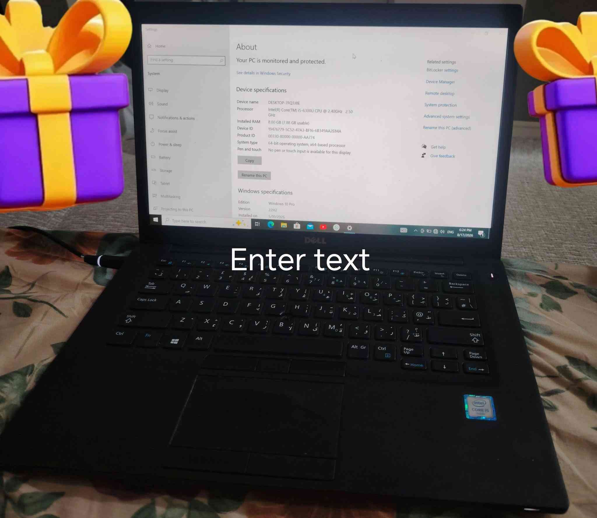 Laptop Dell 

المعالج : CI5 6300 U الجيل السادس 

الرام : 8GB مع وجد منفذ اضافي 

الذاكرة : 256 SSD
 
معالج الرسوميات : مدمج Intel(R) HD Grphics 520
حجم الشاشة : 14"

حال اللابتوب : مستخدم نضافة جيده او مقبوله

حالة البطارية : بيها ضعف استخدام بدون شاحنه ساعة تقريبا 

الاستخدام : مناسب للأستخدامات الدراسية والبرامج الهندسية ( لغرض الدراسة ) الطباعة والتصفح والالعاب الخفيفة 

ملحقات : فقط شاحن اصلي ليس تجاري 

السعر : 200 الف دينار  

العنوان : ميسان / العمارة 

رقم التواصل : ***********

